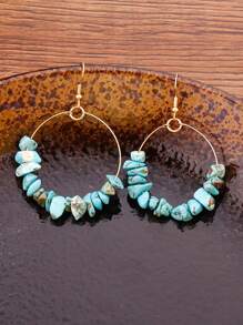 Stone Decor Circle Drop Earrings - Blue - View 4
