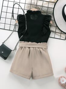 SHEIN Young Girl Ruffle Trim Top & Paper Bag Waist Belted Shorts Short And Blouse Setkhaki Young Girls Setskhaki Teen Girls Setskhaki Tween Girls Setsplain Young Girls Sets