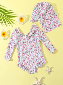 Baby Ditsy Floral Ruffle Trim One Piece Swimsuit With Hat - Multicolor - View 1