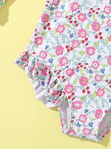 Baby Ditsy Floral Ruffle Trim One Piece Swimsuit With Hat - Multicolor - View 3