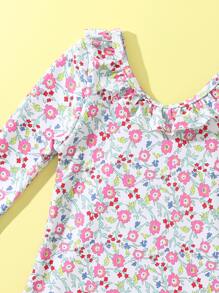 Baby Ditsy Floral Ruffle Trim One Piece Swimsuit With Hat - Multicolor - View 4