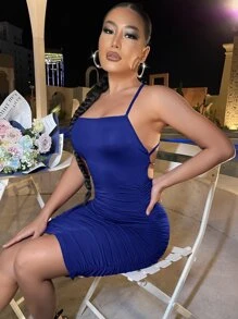 SHEIN SXY Rhinestone Chain Detail Crisscross Backless Ruched Side Cami Bodycon Dress - Royal Blue - View 3
