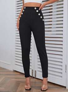 SHEIN Privé 高腰紐扣細節緊身褲 - 黑色 - 查看 2