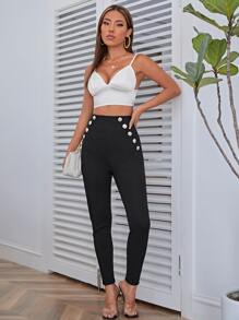 SHEIN Privé 高腰紐扣細節緊身褲 - 黑色 - 查看 5