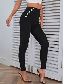 SHEIN Privé 高腰紐扣細節緊身褲 - 黑色 - 查看 6