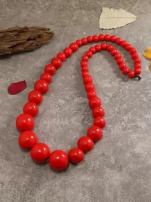 木頭串珠項鏈 - 紅色 - 查看 1