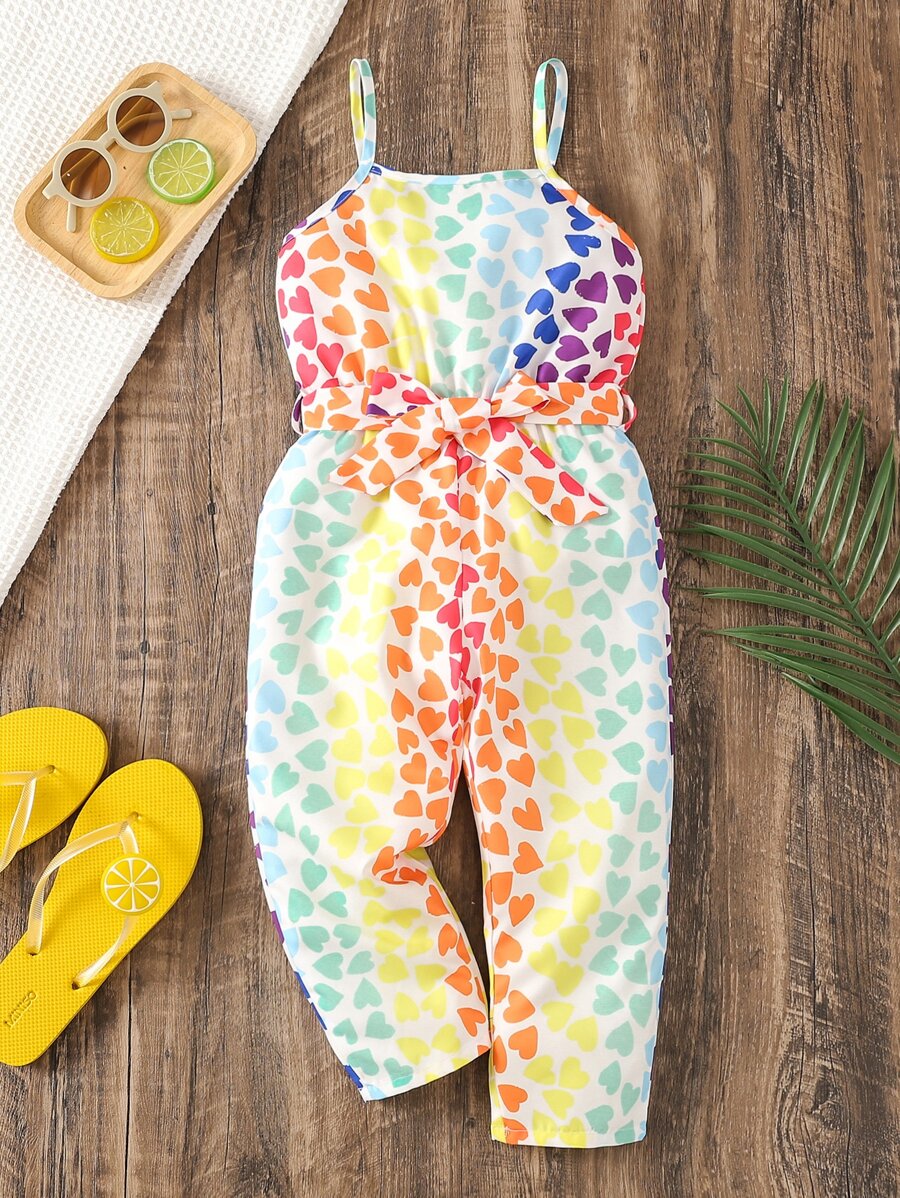 SHEIN Toddler Girls Allover Heart Print Belted Cami Jumpsuit