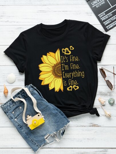 Plus Sunflower And Slogan Graphic Tee