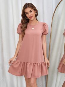 SHEIN VCAY Vestido smock de manga farol bajo con fruncido - Rosa vieja - Ver 3