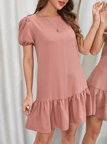 SHEIN VCAY Vestido smock de manga farol bajo con fruncido - Rosa vieja - Ver 1