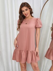 SHEIN VCAY Vestido smock de manga farol bajo con fruncido - Rosa vieja - Ver 4