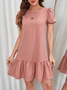 SHEIN VCAY Vestido smock de manga farol bajo con fruncido - Rosa vieja - Ver 5