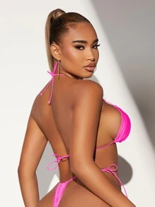 綁帶領口微三角比基尼泳衣 - 玫紅色 - 查看 2