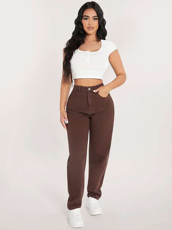 SHEIN PETITE High Waisted Zip Up Mom Fit Jeans