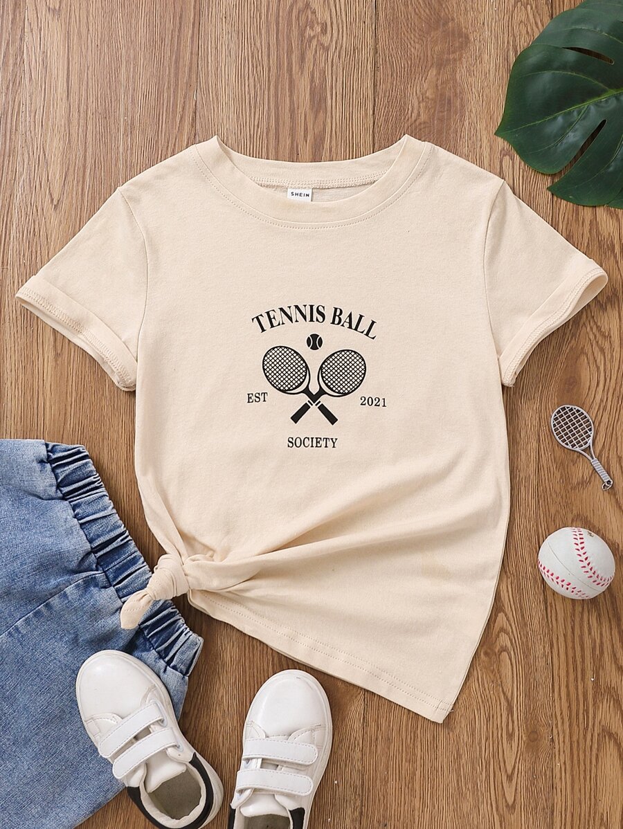 SHEIN Girls Racket & Letter Graphic Tee - Khaki - View 1