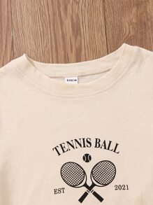 SHEIN Girls Racket & Letter Graphic Tee - Khaki - View 3