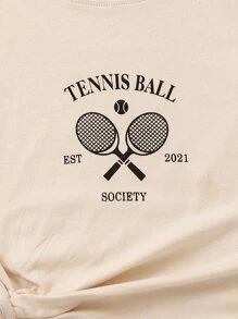 SHEIN Girls Racket & Letter Graphic Tee - Khaki - View 4