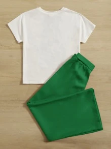 SHEIN 少女人物&字母圖案t恤和自繫腰帶長褲