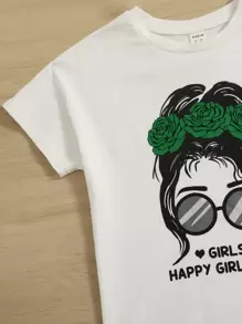 SHEIN 少女人物&字母圖案t恤和自繫腰帶長褲