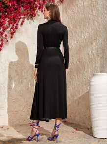 Modelyn Colorblock Stand Collar Belted Dress - Multicolor - View 2