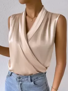 Shawl Collar Solid Sleeveless Blouse - Champagne - View 1