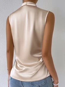Shawl Collar Solid Sleeveless Blouse - Champagne - View 2