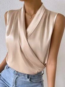 Shawl Collar Solid Sleeveless Blouse - Champagne - View 4