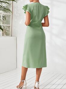 Butterfly Sleeve Plicated Detail Single Breasted Dress - Mint Green - View 2