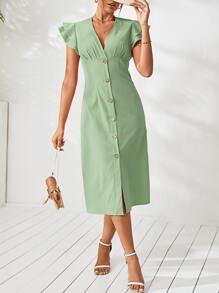 Butterfly Sleeve Plicated Detail Single Breasted Dress - Mint Green - View 3