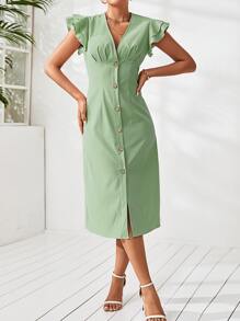 Butterfly Sleeve Plicated Detail Single Breasted Dress - Mint Green - View 4