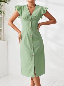 Butterfly Sleeve Plicated Detail Single Breasted Dress - Mint Green - View 5