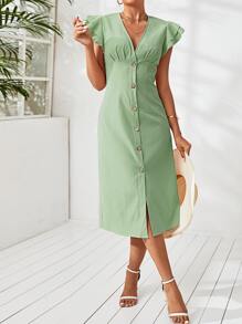 Butterfly Sleeve Plicated Detail Single Breasted Dress - Mint Green - View 6