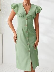 Butterfly Sleeve Plicated Detail Single Breasted Dress - Mint Green - View 7