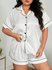 Plus Leopard Jacquard Contrast Piping Satin PJ Set - White - View 1