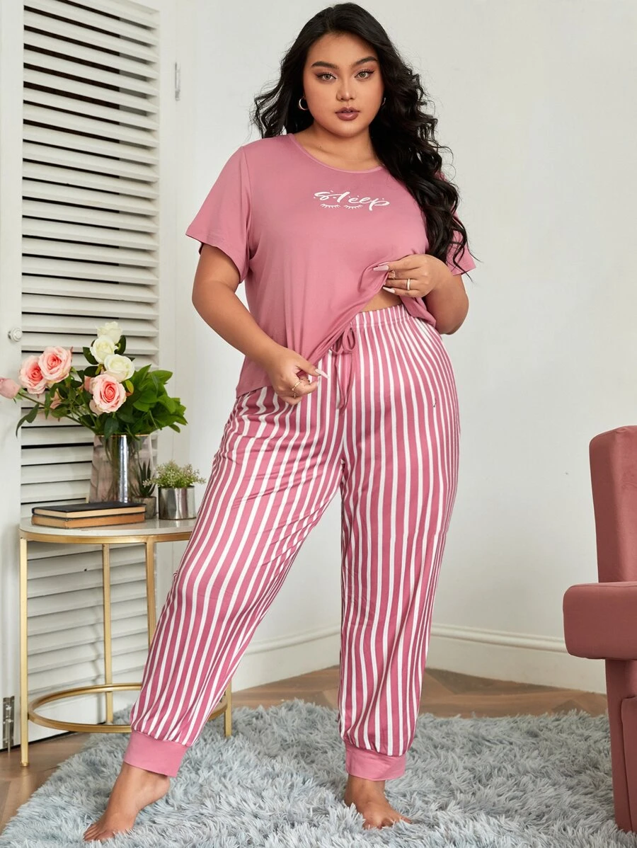 Plus Letter Graphic Tee & Striped Trousers PJ Set - Pink - View 1