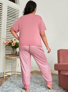 Plus Letter Graphic Tee & Striped Trousers PJ Set - Pink - View 2