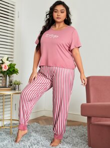 Plus Letter Graphic Tee & Striped Trousers PJ Set - Pink - View 4