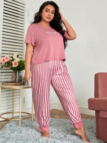 Plus Letter Graphic Tee & Striped Trousers PJ Set - Pink - View 5