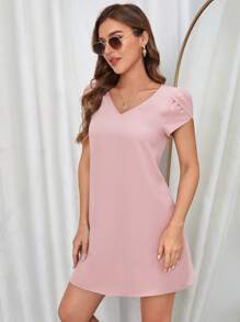 SHEIN Clasi V領花瓣袖直筒洋裝