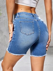 SHEIN Essnce 破洞毛邊緣牛仔短褲 - 中等水洗藍 - 查看 2