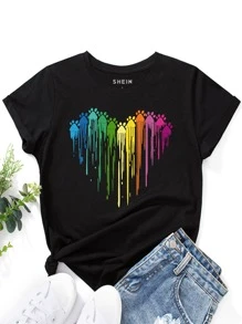 SHEIN Essnce Colorful Paw Print Tee - Black - View 1