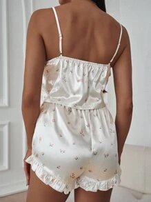 Ditsy Floral Contrast Lace Fake Button Ruffle Hem Satin PJ Set - Pink - View 2