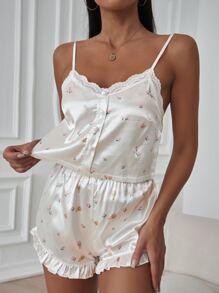 Ditsy Floral Contrast Lace Fake Button Ruffle Hem Satin PJ Set - Pink - View 3