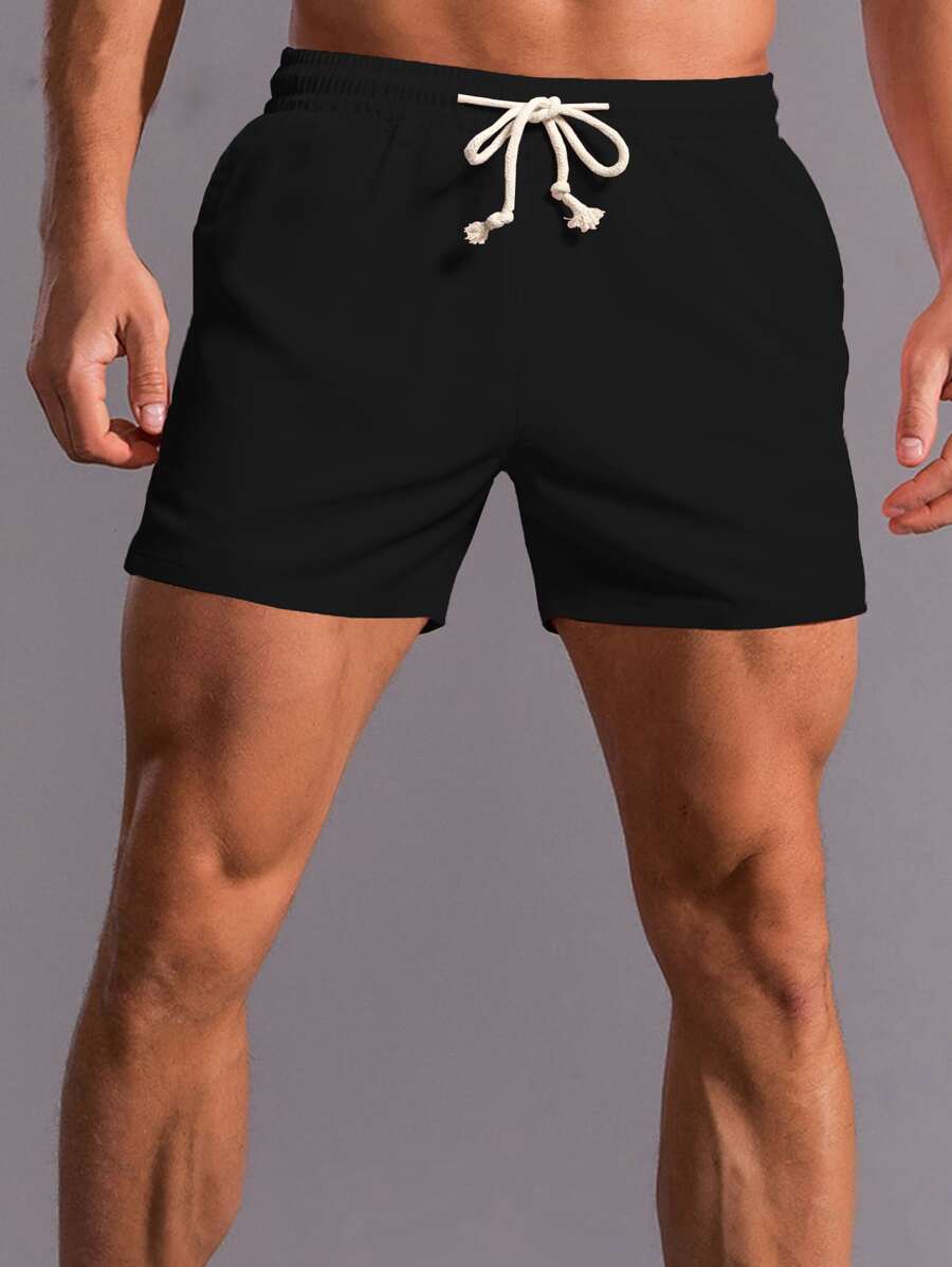 Manfinity Homme 男士素色腰部抽繩短褲 - 黑色 - 查看 1