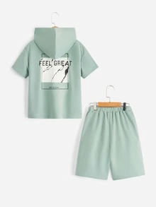 SHEIN Bộ hai mảnh Trai Dây kéo Túi Slogan Giải trí - Màu xanh Bạc hà - Xem 2