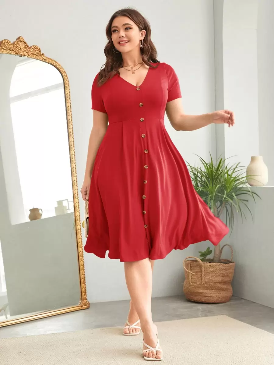 SHEIN Clasi Đầm Plus Size Nút phía trước màu trơn Giải trí - Đỏ - Xem 1