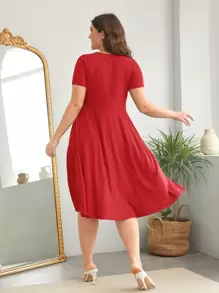 SHEIN Clasi Đầm Plus Size Nút phía trước màu trơn Giải trí - Đỏ - Xem 2