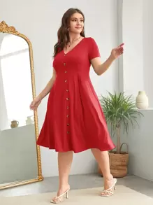 SHEIN Clasi Đầm Plus Size Nút phía trước màu trơn Giải trí - Đỏ - Xem 3
