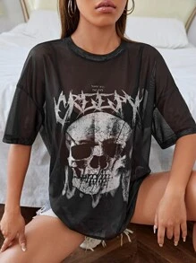 SHEIN EZwear Top cu plasă grafică cu craniu și litere