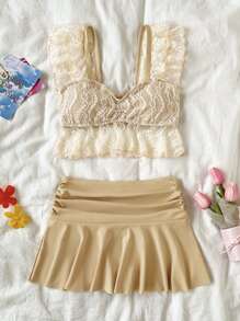 Contrast Lace Ruffle Trim Ruched Tankini Summer Beach
